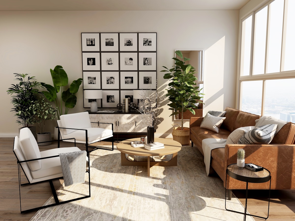 A warm contemporary living room styled with natural objects